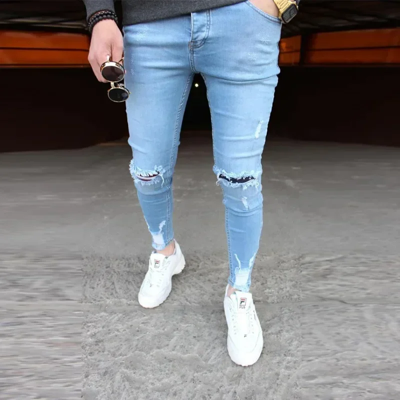 Jeans moulants déchirés monochromes pour hommes, jeans skinny à la mode pour jeunes, européens et jeunesse, nouveaux styles