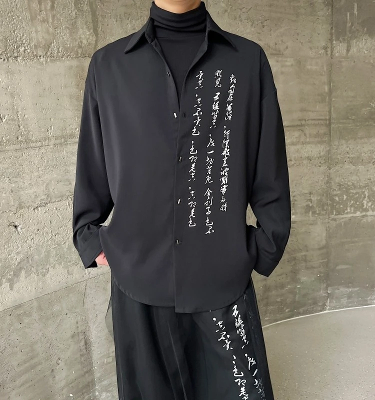 

Autumn New Chinese Sle Calliaphy Print Long Sve Men's irt Personali Design Loose Top Trendy Youth Faion