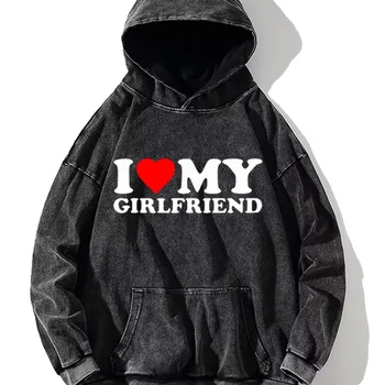 I Love My Boyfriend 여자 친구 프린트 후드, 빈티지 워싱 100% 코튼 맨투맨, 하라주쿠 캐주얼 Y2k 탑, 커플 의류, 신상  Best5