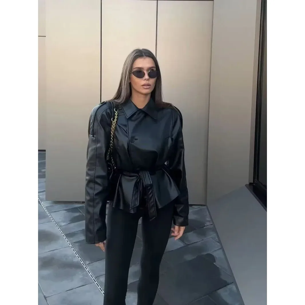 Nuovo Cappotto Invernale da Donna in Pelle con Cintura, Elegante e Sottile, Abbigliamento Esterno Femminile Autunno-Inverno