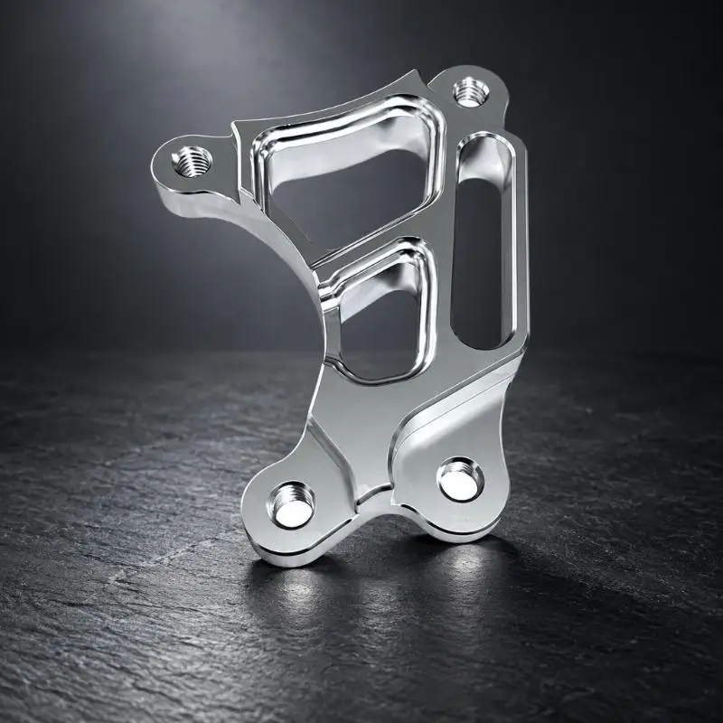 Single Motorcycle Brake Caliper Adapter Bracket, Silver-Tone Aluminum Construction with 4 Visible Threaded Holes and Three