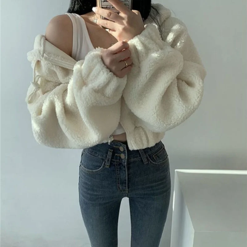 Deeptown Cropped Jacket Streetwear Y2k Tech Fleece Oversized Hooded Thick Coat Chic Casual Short Cardigan Varsity Korean Fashion