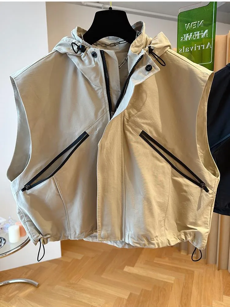 2025 ฤดูใบไม้ผลิใหม่ฤดูใบไม้ร่วง Casual Hooded Design Sense สุภาพสตรีเสื้อกั๊กเสื้อสีทึบ Streetwear All-Match ผู้หญิงเสื้อกั๊กเสื้อ