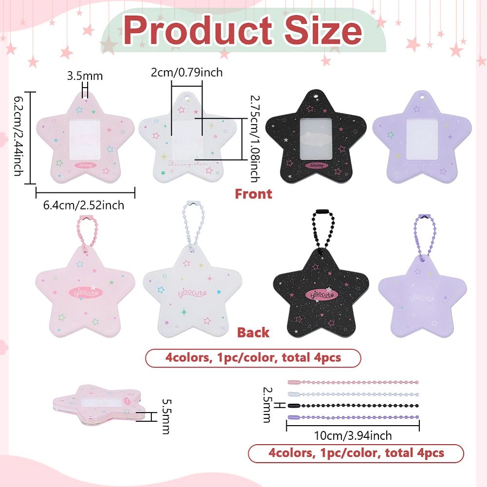 4Pcs Star Photocard Holder Keychain 2.44x2.52x0.22 inch Pink/Purple/Black/White Acrylic ID Card Holder Keychain Cards Protective