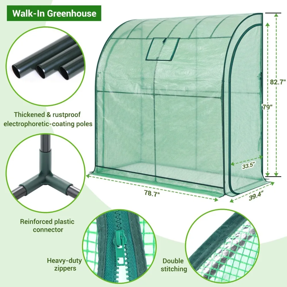 Lean-to Greenhouse with 3-Tier Shelves Portable Wall Green House with Mesh Windows, with 2 Roll-Up Zipper Doors Greenhouses