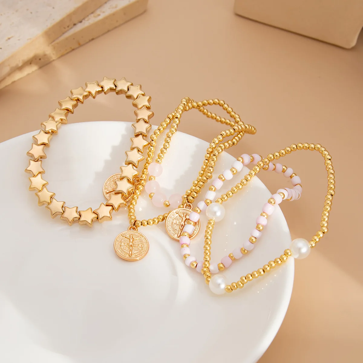 Retro Round Carved Pendant Bracelet 2025 Multi Layer Gold Color Star Round Bead Elastic Thread Woven Girls' Fashion Jewelry image 5