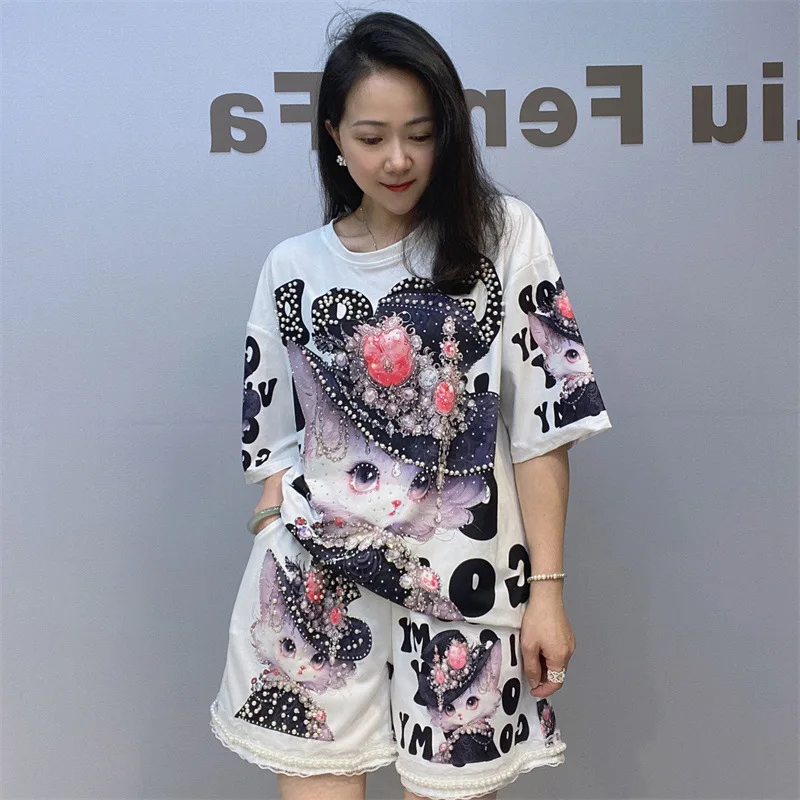 

Summer New European Heavy Industry Bead T-shirt Set Large Size Women's 3D Printed Short-sleeved Shorts Women's Two-piece Set