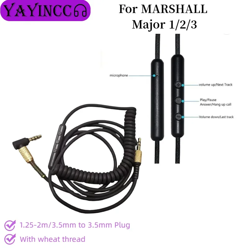 Plug and Play High quality audio cable For MARSHALL Major 1/2/3 Headset 3.5mm to 3.5mm plug with microphone spring wire ，