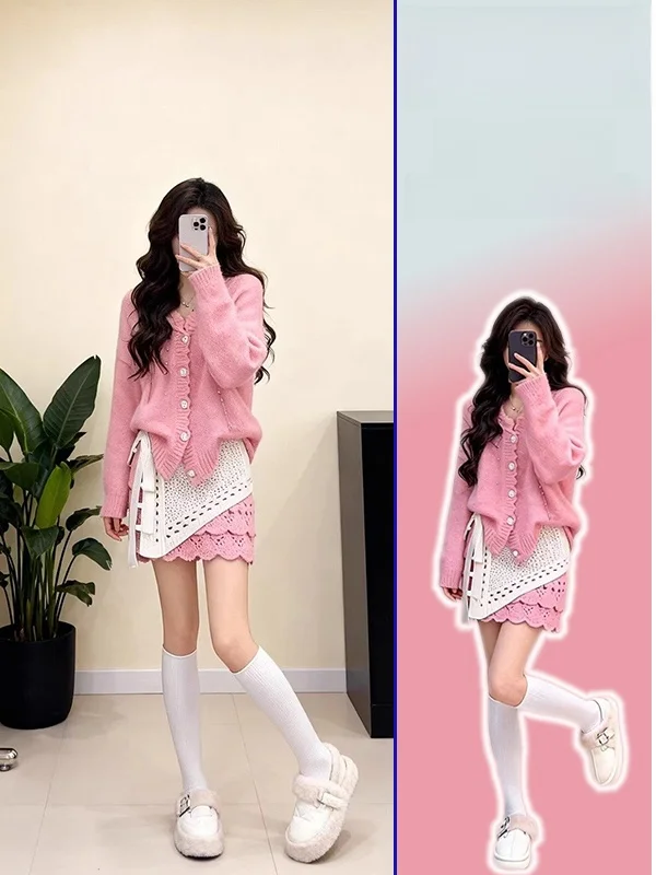 

plus Size Women's Pink Spring Fashion Set High Waist Skirt Long Sleeve Button up Cardigan Casual Style Comfortable Loose Fit