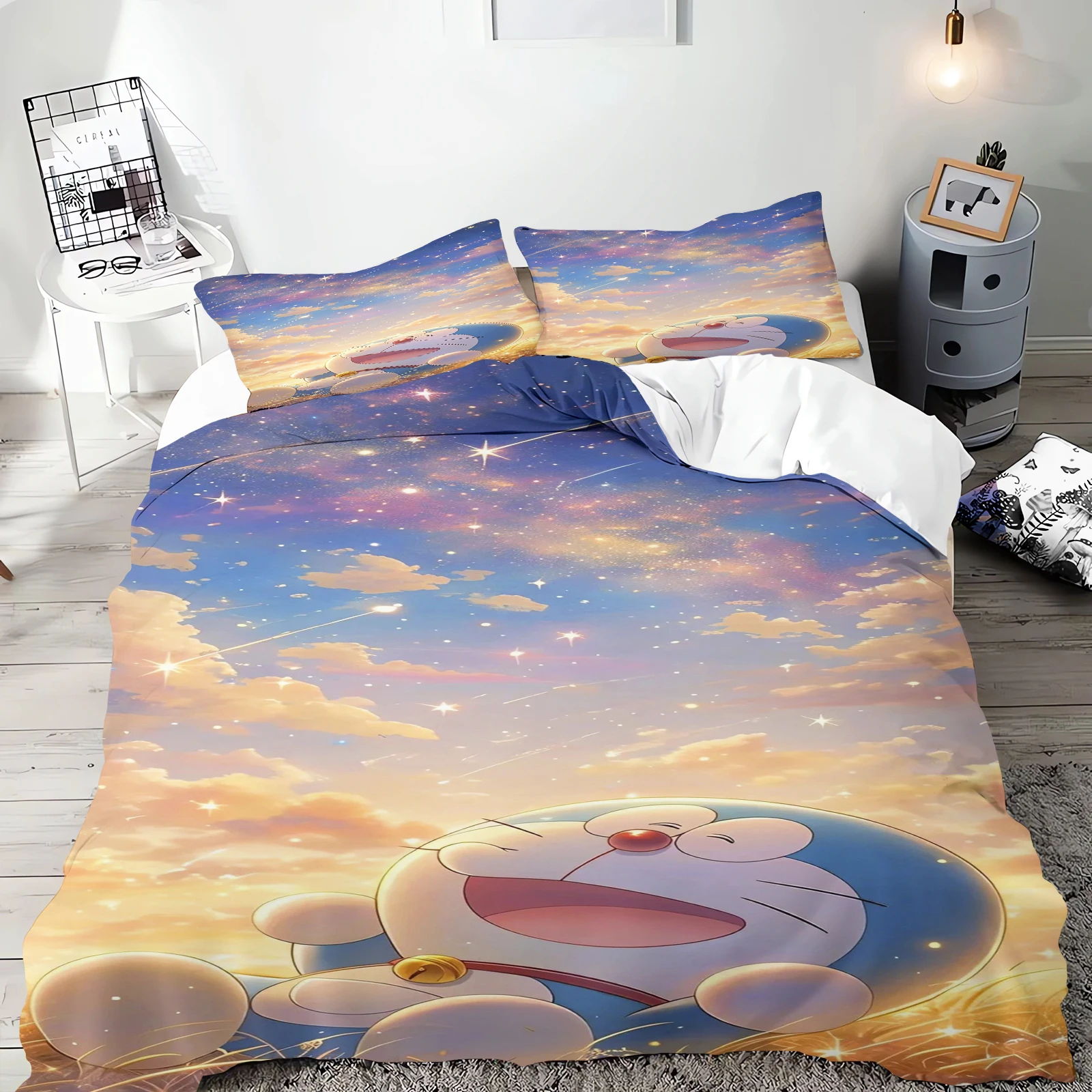 Cartoon Quilt Cover Blue Cat Bedding Set Home for Teen Children Bedroom Polyester Various Sizes Decor Soft Comfortable Baby