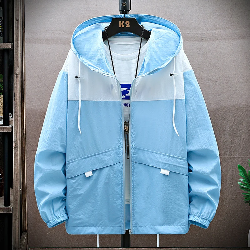 カラーブロックアイスシルクフード付きジャケットメンズアウトドア釣り日焼け防止服通気性軽量春夏ジャケット