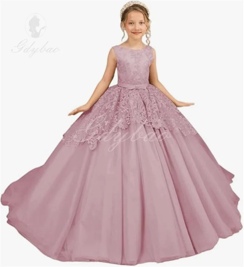 A + vestido de niña de flores para boda, Apliques de encaje, vestidos de desfile de princesa bordados, vestidos de fiesta de cumpleaños, vestidos de fiesta de boda