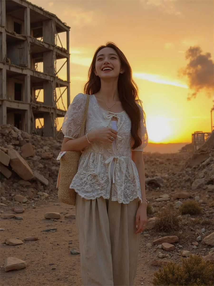 

O-Neck Puff Sleeve Shirts Woman Aesthetic Blouses Women Top Autumn Sweet Sweetheart Fold Artistic Prints Ripped Boyfriend Casual