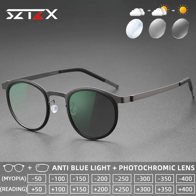 

SZTZX Ultralight Titanium Screwless Photochromic Reading Glasses Anti Blue Light Myopia Glasses Progressive Prescription Eyewea