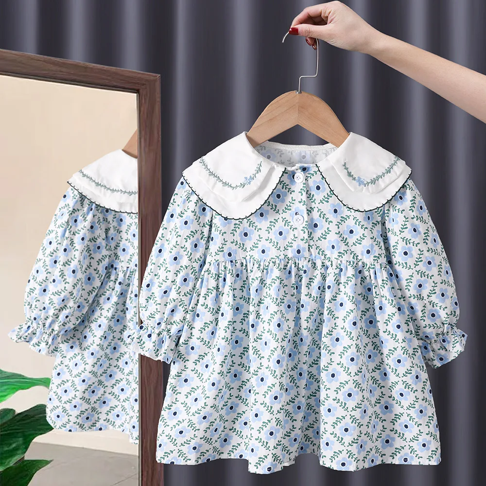 女の赤ちゃんドレスセット春夏長袖花プリンセスドレスブルーニットカーディガン 2 個セットカジュアル女の子服
