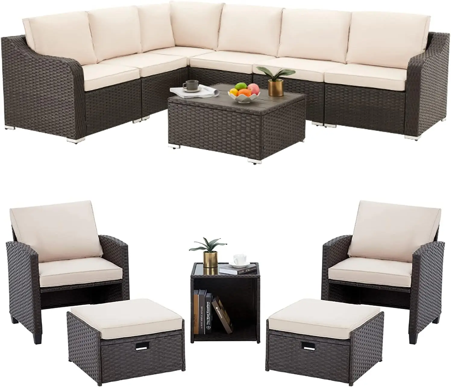 

5/7/12-Pieces Patio Furniture Set, Wicker Rattan Outdoor Chairs with Ottomans & 2 Coffee Tables, Balcony Furniture for Porch