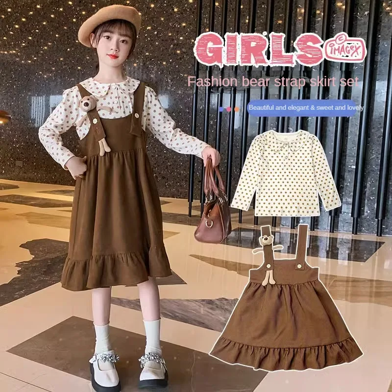 

Girls' Autumn Set Dotted Chiffon Shirt and Strap Skirt Combination Two Piece Set Clothing for Girls Aged 2 to 8