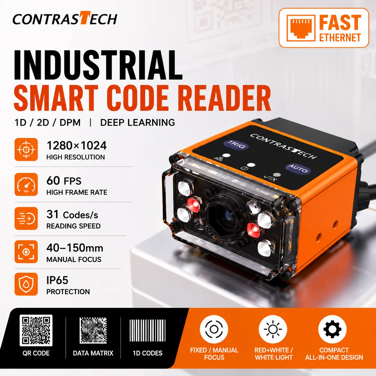 Industrial Barcode Reader 1440x1080 60FPS 50 Codes/s 1D 2D DPM Polarized Light Fast Ethernet Machine Vision VRA16PxxS