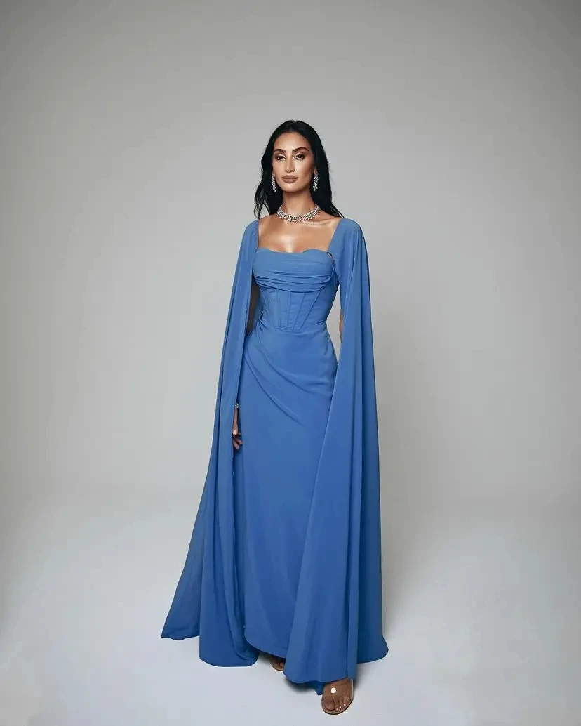 Simple A-line Evening Dresses Chiffon Exquisite Blue Off-the-shoulder Custom Prom Dresses Formal Occasion Wedding Party Gowns