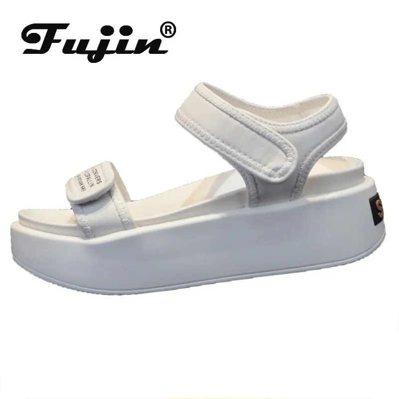 Fujin 6cm Genuine Leather Women Breathable Sandals Fashion Chunky Sneakers Comfortable Summer Ladies Platform Wedge Hook Shoes