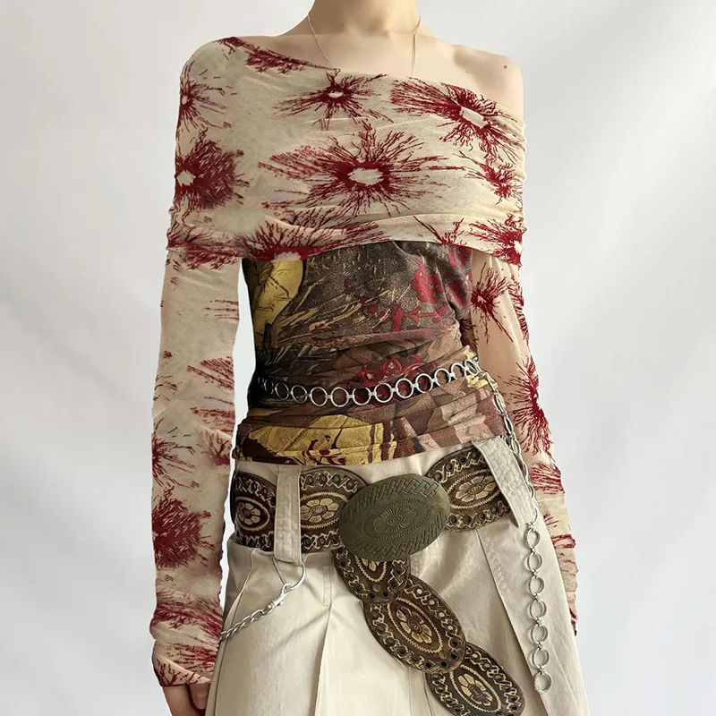 Printed Color Contrast Collar Mesh Splicing One Shoulder Slimming Long Sleeve T-shirt Top