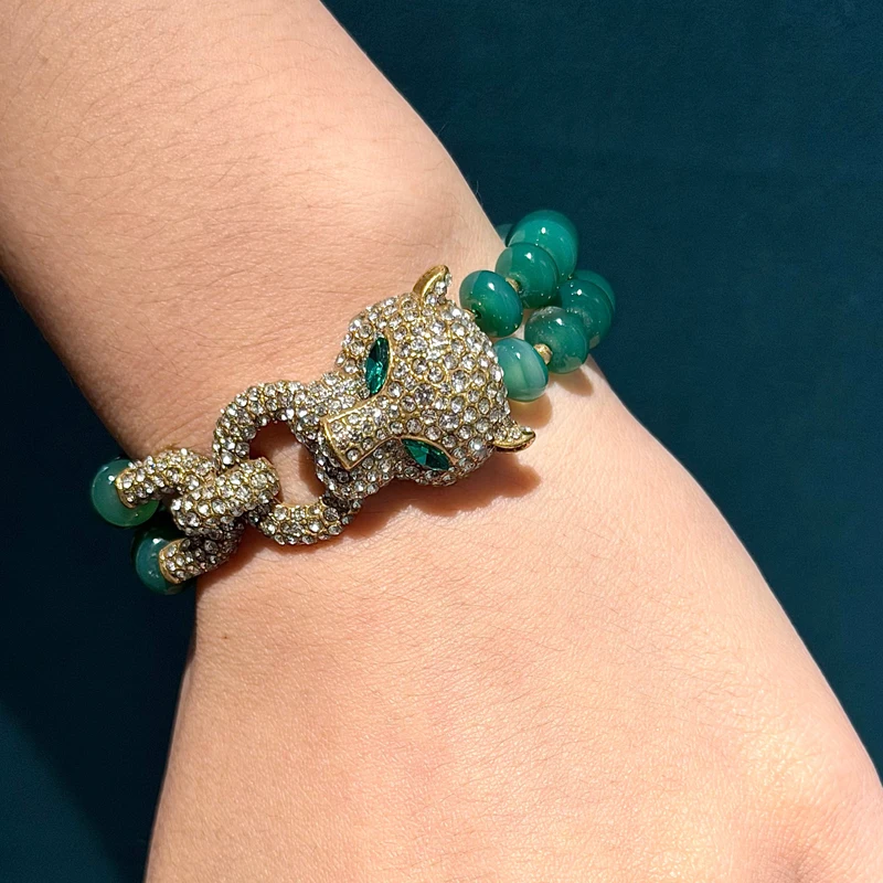 

Vintage Green Glaze Beads Bracelet Layered Rhinestone Leopard Head Women Gold Color Accessories Jewelry Luxury Charms Christmas