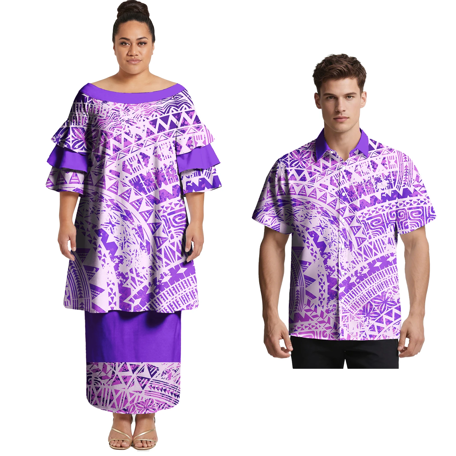 Couple Set Polynesian Men Button Party Prom Shirts Women Three Layer Petal Sleeve Samoan Puletasi Hawaiian Print Couple Outfits