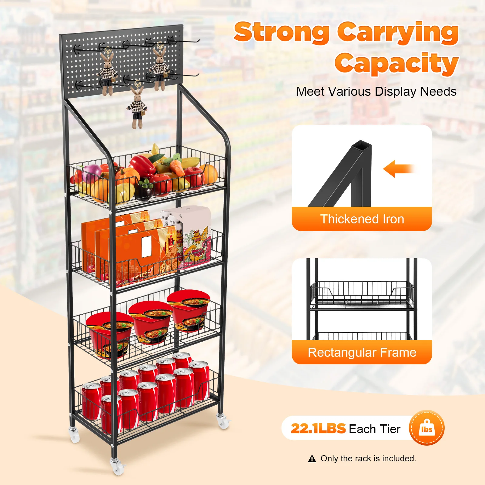 Estante de exhibición minorista de 4 niveles, organizador de exhibición de snacks de hierro, estante de exhibición de productos con 4 ruedas para el hogar, supermercados, tiendas