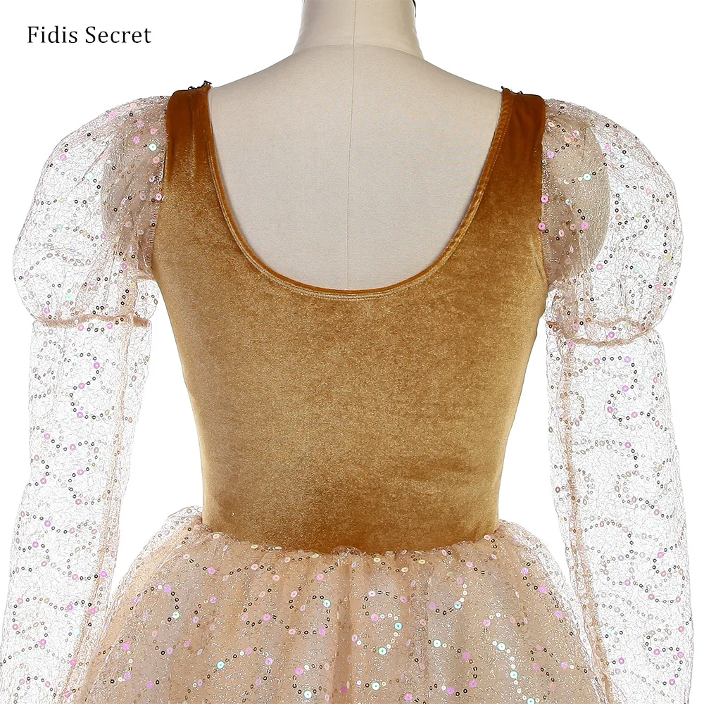 Women Light Brown Romantic Long Tutus,Girls Ballet Performance Sequins Dance Wear,Ballerina Flower Fairy Princess Stage Costumes