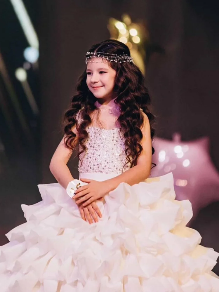 Custom Flower Girl Dress Sweetheart Spaghetti Straps Multi Layer 3D Ruffle Satin Puffy Long For Pageant Competition,Birthday