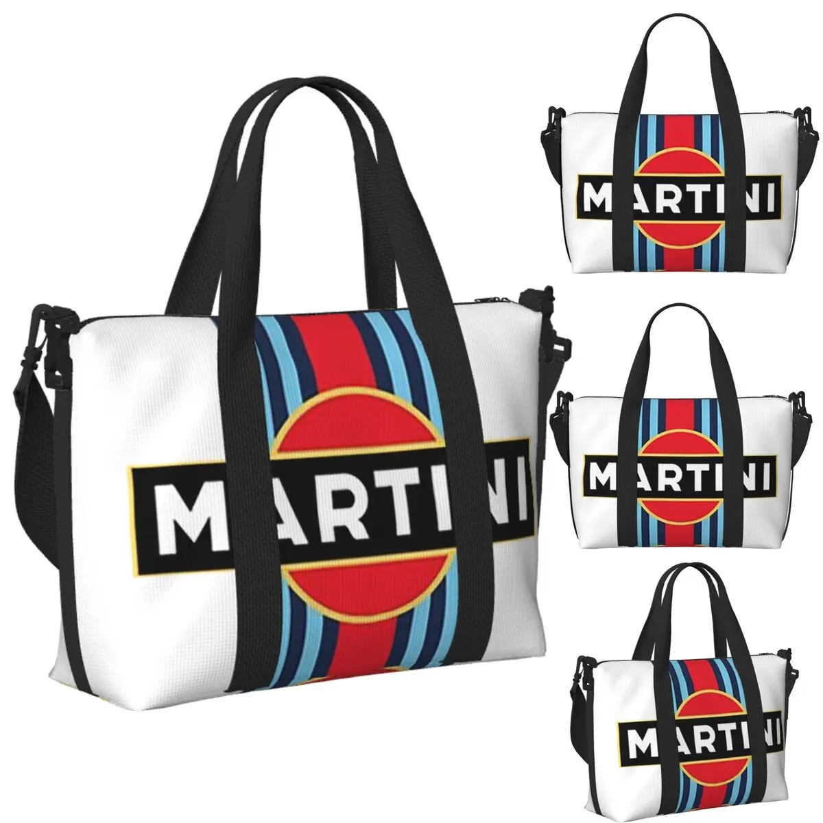

Custom Martini Racing Stripe Beach Travel Bag Large Capacity Tote Bags for Gym Sport Women Shopping Duffle Shoulder Bag