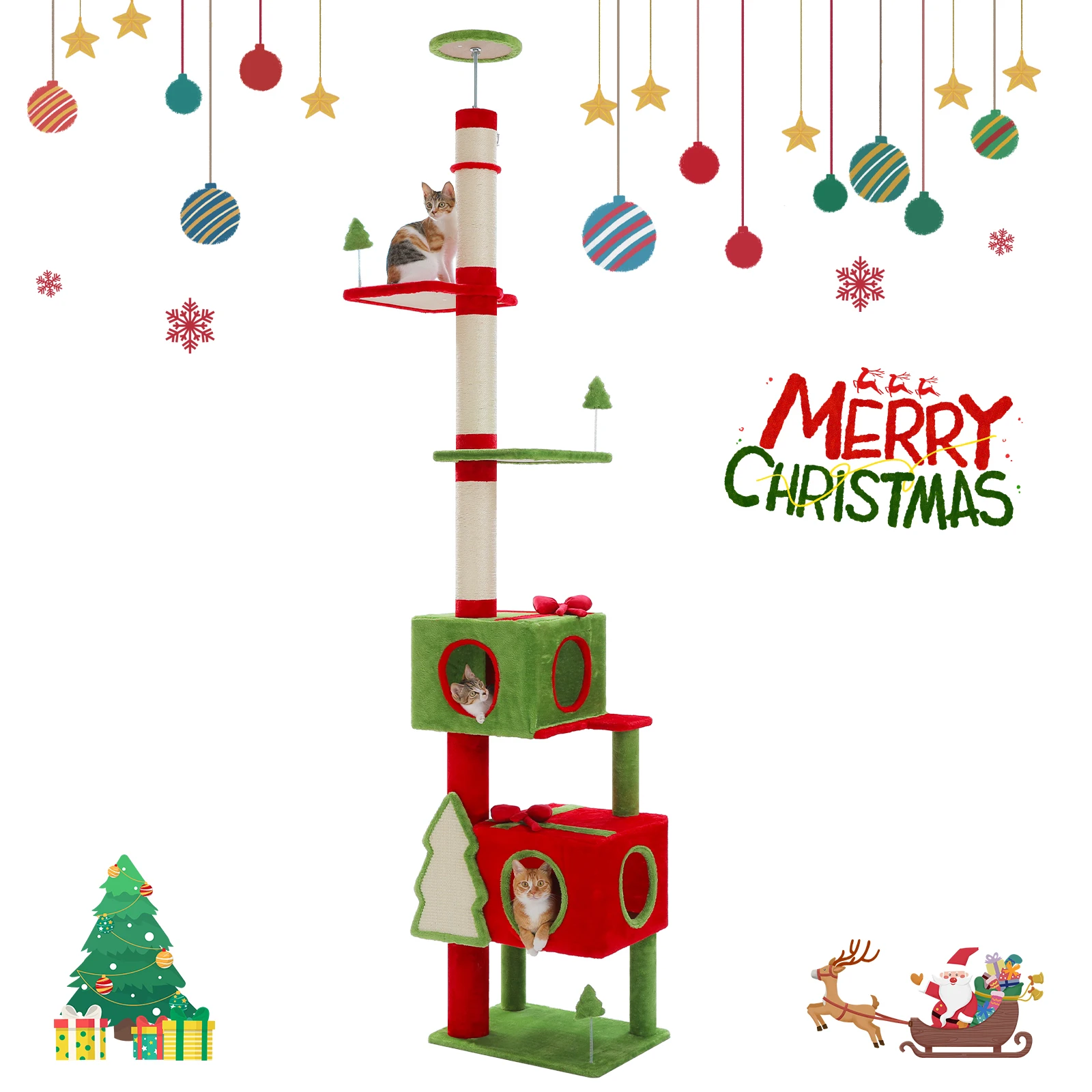 Weihnachts-Katzenbaumturm mit rot-grünem Eigentumswohnung, mehrstufiger Katzenturm mit Sisal-Kratzbäumen, Katzenmöbel für Hauskatzen – Detail 32
