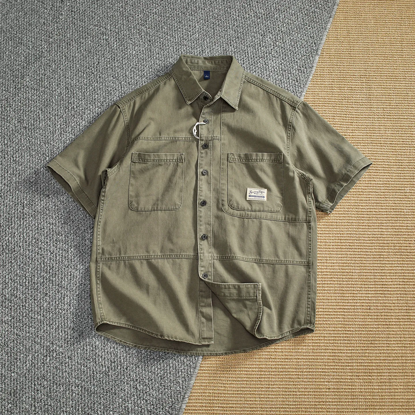 

Retro washed workwear short-sleeved shirt for men aged loose silhouette multi-pocket Japanese retro lapel shirt
