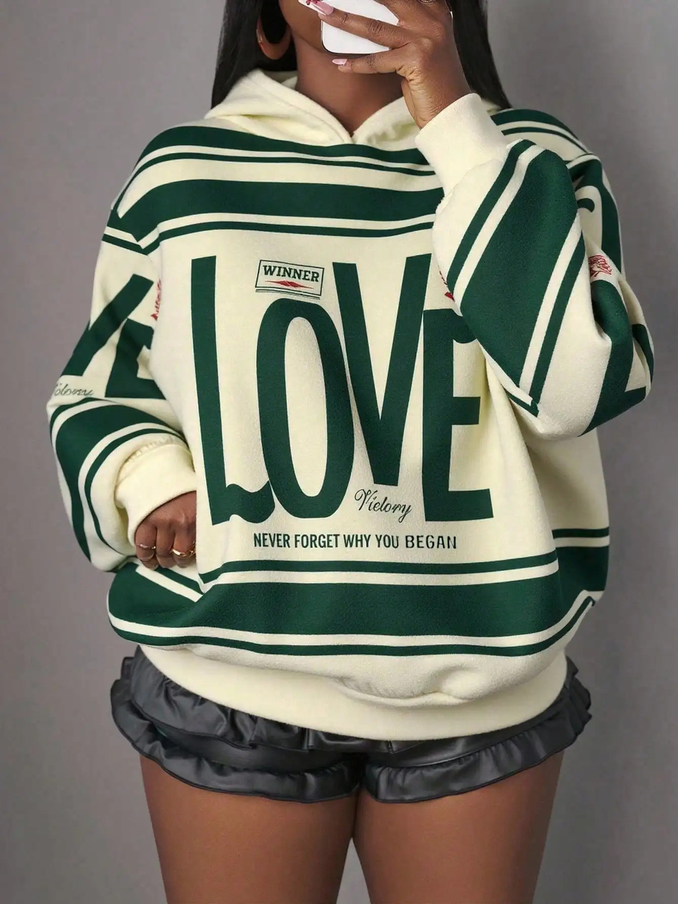 

Green Striped Love Graphic Hoodie for Women, Loose Fit Casual Sweatshirt Fall Winter