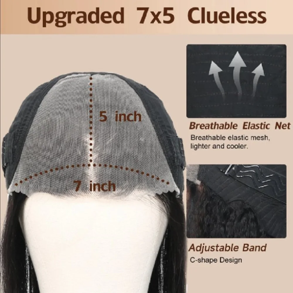 Perruques sans colle cheveux humains pré plumés pré coupé 7x5 perruques droites perruques de cheveux humains cheveux humains 180% densité perruques pour les femmes 20 pouces