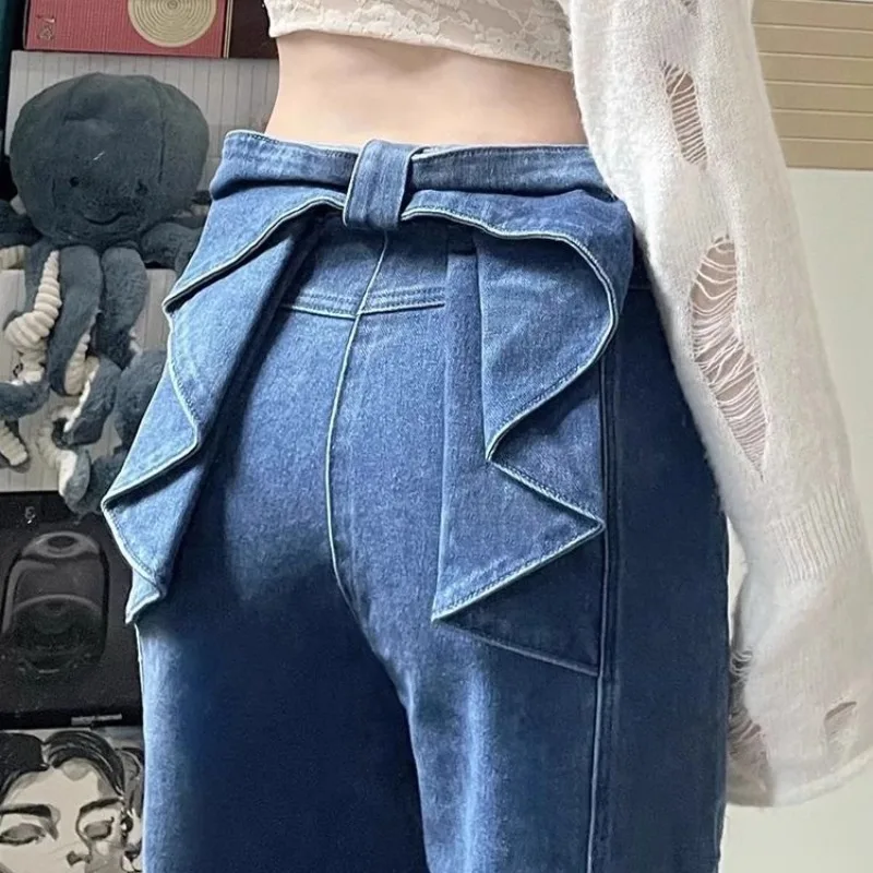 

Bow Tie Design At The Back Waist Denim Pants Women's New Retro Blue High Waisted Straight Jeans and Slim Fit Micro Flared Jeans