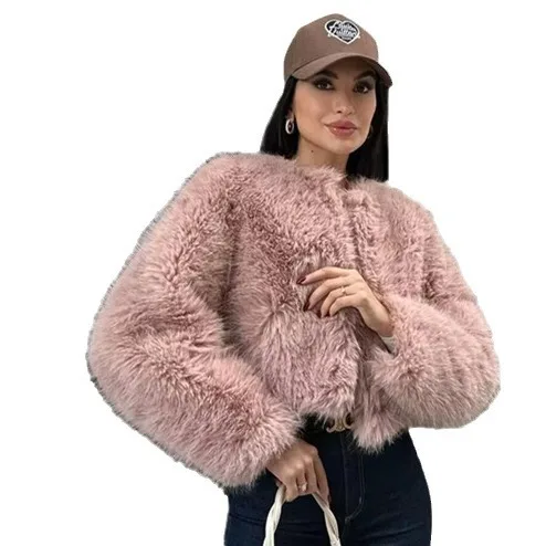 Kurtka damska zimowa z imitacji futra, okrągły dekolt, krótka kurtka z imitacji futra norek, kurtka z długim włosiem ze sztucznego futra dla kobiet.