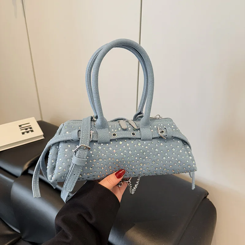 

2025 New Women's Full Diamond Denim Dachshund Bag Sparkling Chain Strap Shoulder Purse Trendy Top Handle Crossbody Bag