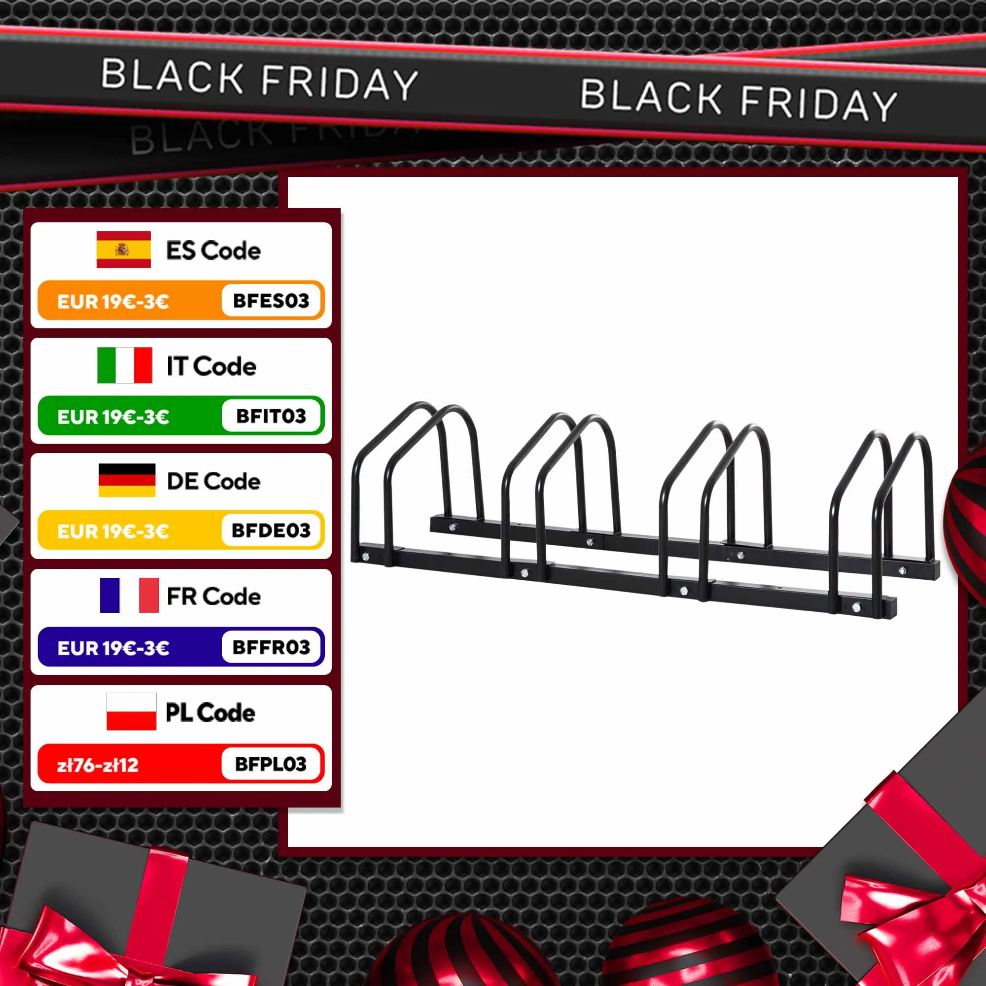 HOMCOM Aparcamiento para 4 Bicicletas Soporte de Acero 110x33x27 cm Negro