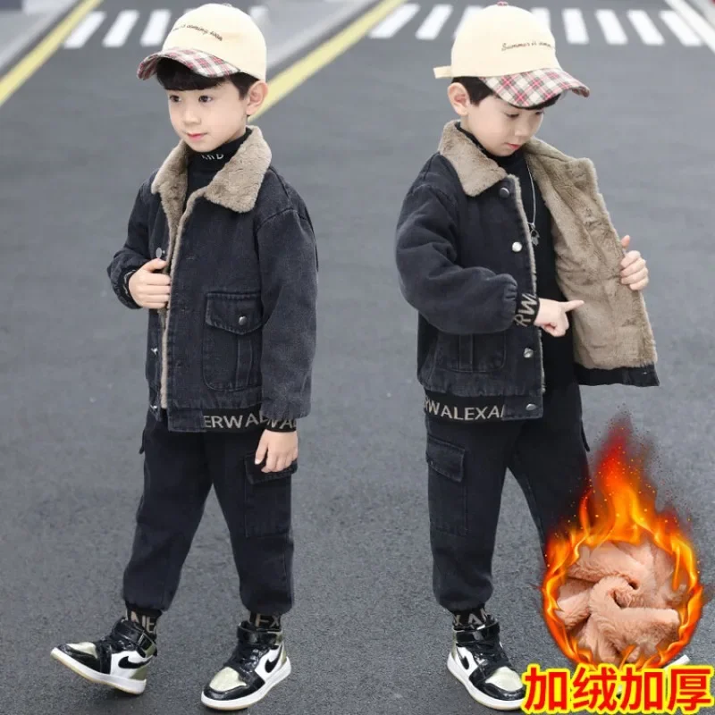 Teens New Autumn Winter Two Piece Sets Denim Jacket Pants Suit for Boys Kids Fashion Plus Velvet Warm Coat Jeans Clothes 4-14Y