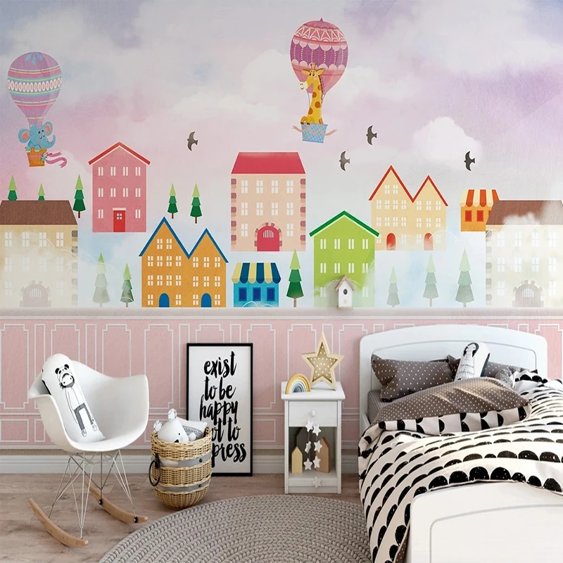 Custom Photo Wallpaper Pink Hot Air Balloon House White Clouds Murals Living Room Children's Bedroom Backdrop Decor Wall Cloth