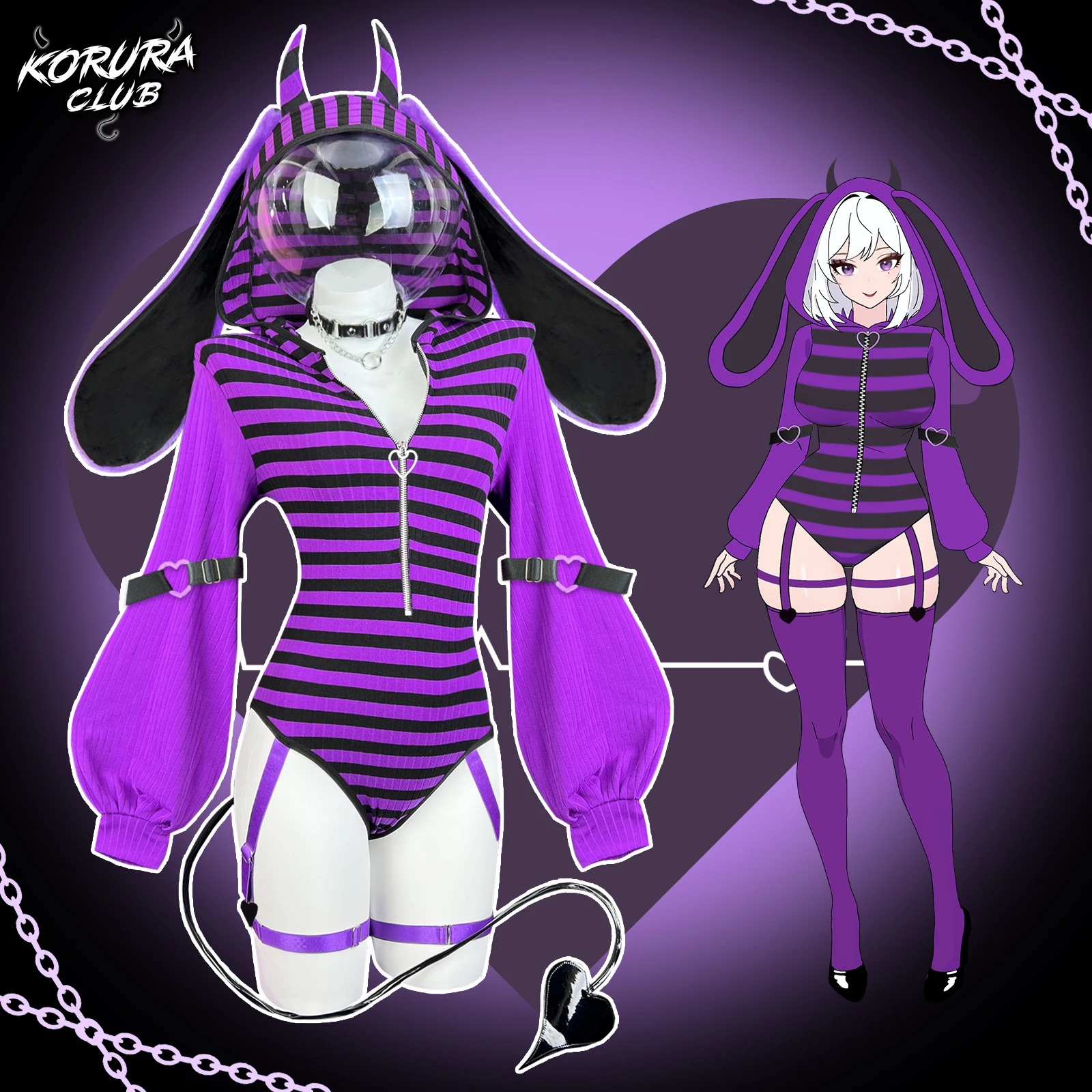 KORURACLUB Damska urocza piżama domowa, kombinezon króliczek, zapinany na zamek, dzianinowy, z długimi rękawami typu bubble, pluszowy ogon królika, kostium do cosplayu