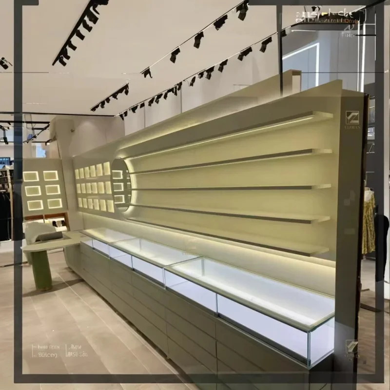 custom.LED Glass Helmet and Jewelry Display Modern Showcase Storefront Visual Appeal