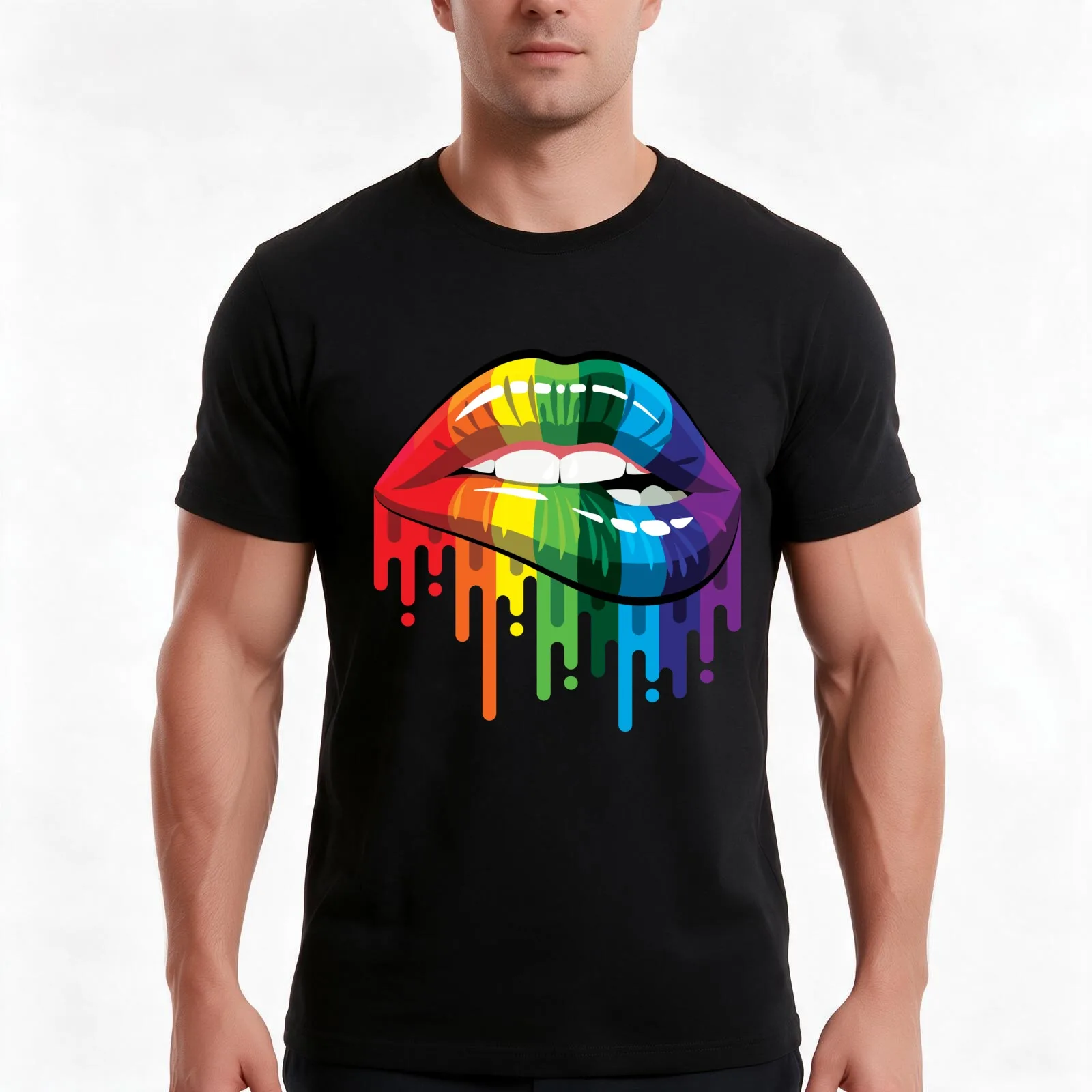 Rainbow Lips T-Shirt, Summer Casual Cotton Tee, Oversized Streetwear Tops, Vintage Graphic Print, Loose Fit Short Sleeve