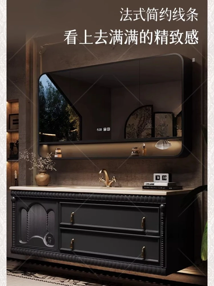 

Французский ретро-комплект мебели для ванной комнаты класса люкс: тумба из дуба с интегрированной керамической раковиной на заказ