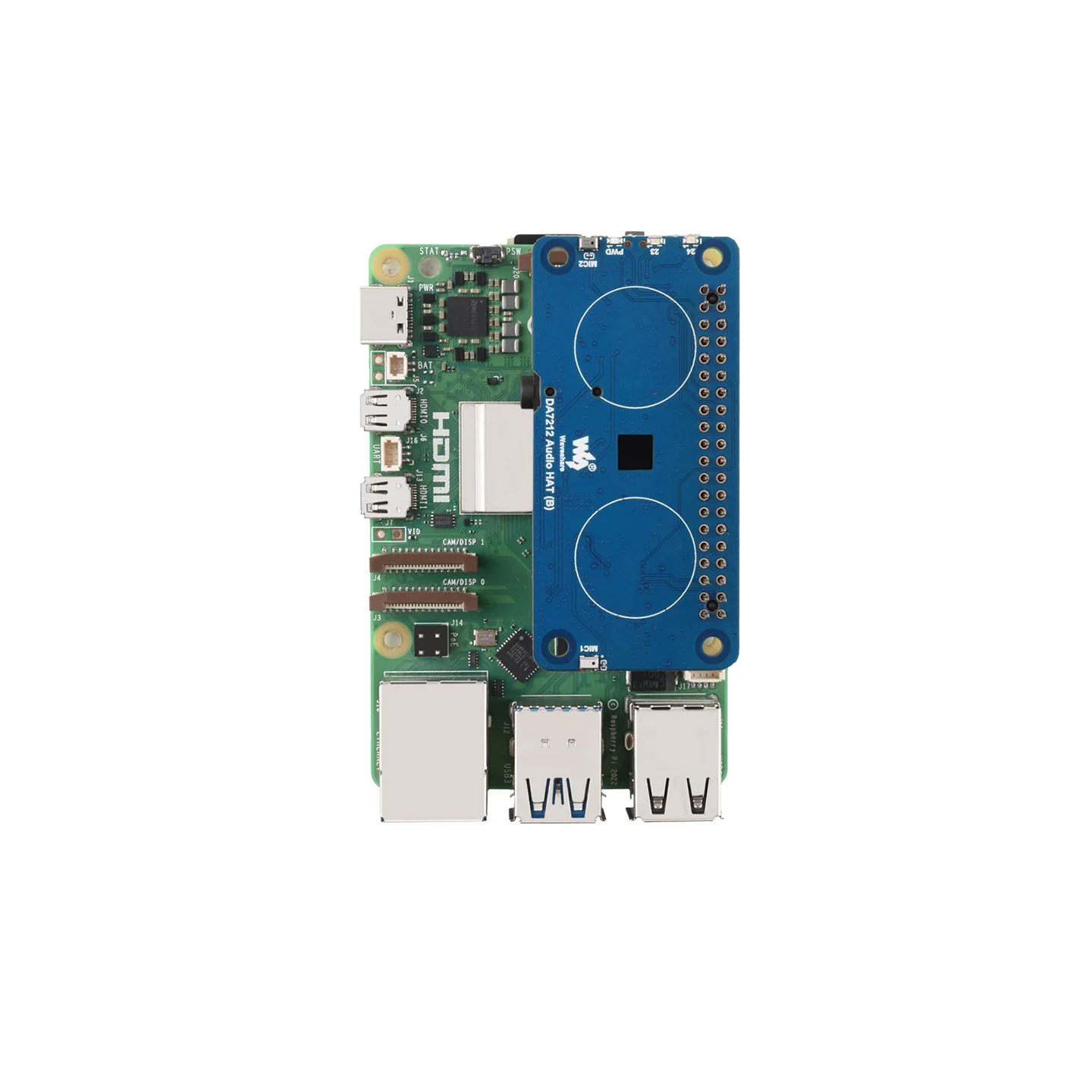 Waveshare DA7212 I2S Audio HAT Type B for Raspberry Pi, Stereo encoding/decoding, Onboard speaker headers and EEPROM chip