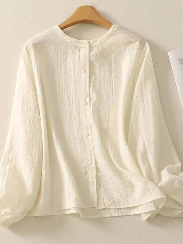 

Spring 2026 Women's Faion round Ne Sun Protection irt Cr White Versatile Summer Top Loose Fit Long Sve Button down