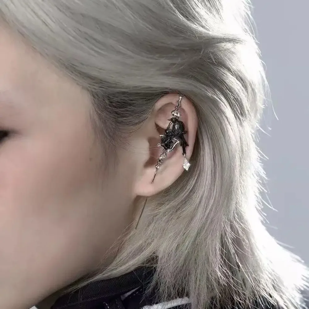 Gothic Thorn Rose Crow Stud Earrings for Girls
