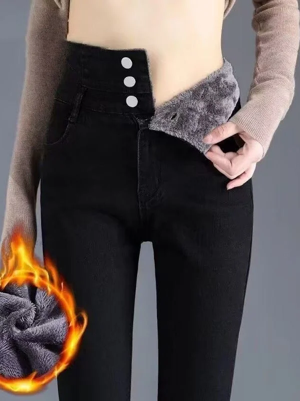 

High Waist Fce Lined Thiened Denim Jeans Women's Slimming Pencil Pants Long Trousers Cotton Stretch Denim Fall Winter Ne...
