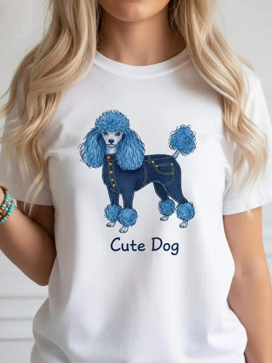 

Cute Blue Poodle Denim Graphic T-Shirt 100% Cotton Crew Neck Tee For Dog Lovers